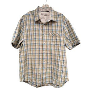 James Campbell Men's XL Plaid Cotton Button-Down Short Sleeve Green Blue White